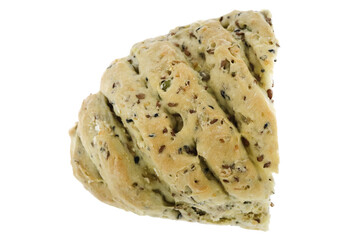 Hand made traditional nutrition grain bread loaf isolated background. Macro closeup.