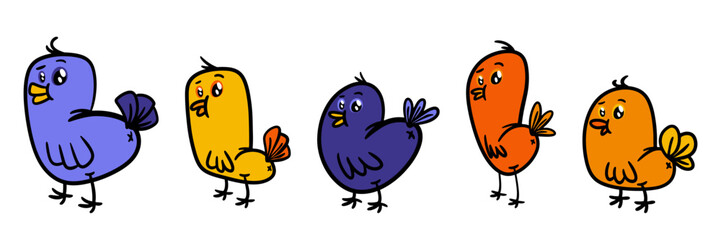 Set of cute cartoon birds vector illustration isolated on white background.