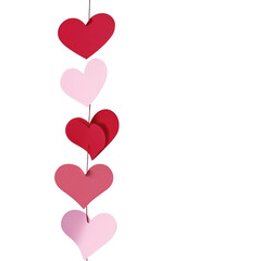 Vertical Hanging Paper Hearts in Red and Pink on Transparent Background, PNG, Concept of Romantic Decor, Love Celebration, and Valentine's Day