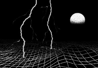 Space landscape with lightning strike in retro book style. Dotwork scene with grid terrain, and thunderbolt - obrazy, fototapety, plakaty