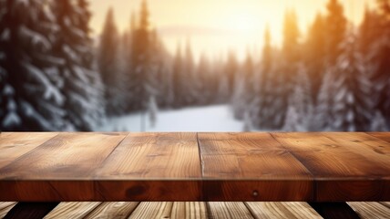 The empty wooden dark brown rustic table top with blur background of winter forest in finland....