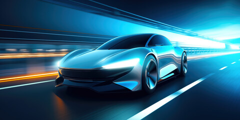 Futuristic car is driving fast along road. Sports automobile moves at highway. Electric car drives through city at night with speed effect