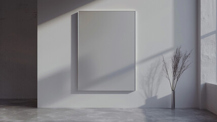 A minimalist 3D wall frame mockup in matte silver against a soft gray background, providing a versatile space for showcasing modern art or monochrome prints.