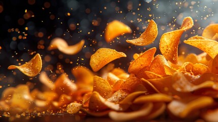 Potato chips cascading through the air like a crunchy shower