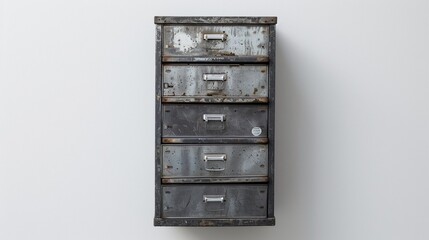 A sturdy metal filing cabinet positioned against a white wall, organizing important documents and files.