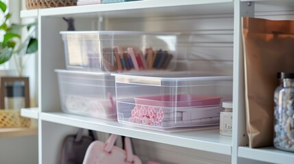 A transparent plastic storage container placed on a white shelf, organizing craft supplies and accessories.