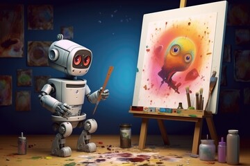 Concept of generative AI art technology, robot painting picture in studio. comeliness