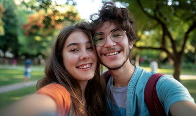 Naklejka premium Carefree Students Capturing Joyful Selfie Moment in Lush Park