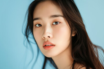 Naklejka premium Portrait of a pretty young asian woman with long dark hair on a blue background