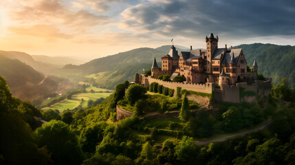 Magnificent Sunset View of a Grand Medieval Castle Surrounded by Bountiful Nature - obrazy, fototapety, plakaty