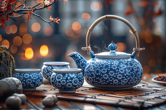 a tea set with blue and white china