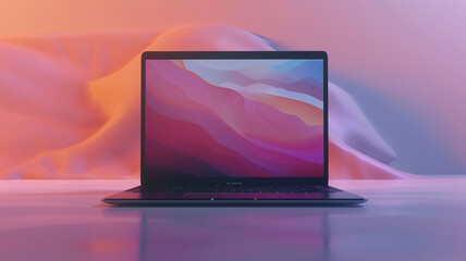 A modern 3D mockup of a laptop on a minimalist workspace background, featuring an empty space on the screen for displaying customizable interface or branding.