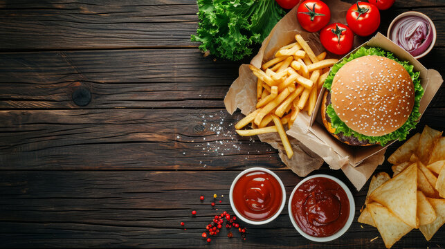 A delectable assortment of a juicy burger, golden fries, crispy chips, and an array of savory sauces is tastefully arranged on a rustic wooden background.