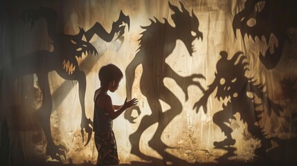 In a striking play of shadows, a child interacts with large, frightening monster shapes projected on a textured wall.
