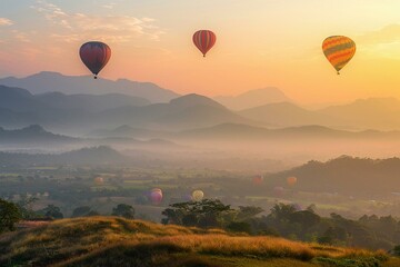 Hot Air Balloons Gliding over a Misty Landscape at Sunrise