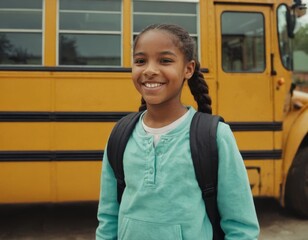 A young african american girl is smiling and wearing a green shirt and backpack. She is standing in front of a yellow school bus