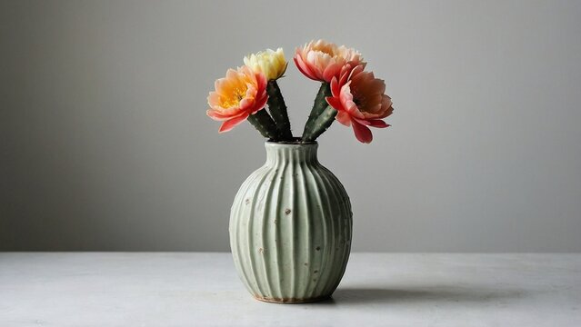 minimalist colors flowers cactus vase in white background