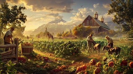 Harvest time on the farm, with workers gathering ripe fruits and vegetables under the warm glow of the afternoon sun.