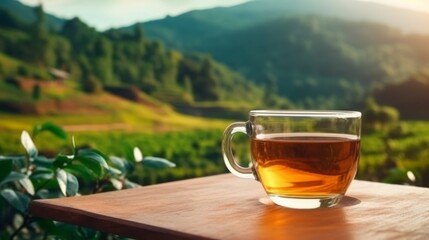 A glass of tea on the wooden table and the tea plantation background. Generative AI