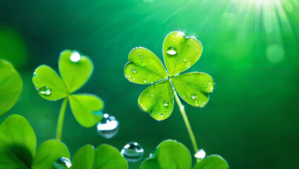 a four leaf clover with water droplets on it, four leaf clover!, wallpaper, green, background full...