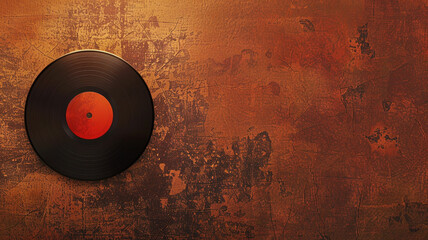 A retro-inspired 3D mockup of a vinyl record on a vintage-inspired brown background, featuring an empty space on the record label for personalized text or graphics.