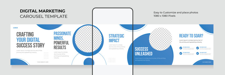 Microblog carousel template. Instagram carousel post. 5 seamless square slide social media post. EPS vector illustration.