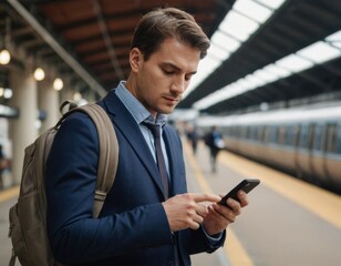 A man is looking at his cell phone while waiting at a train station.