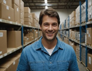 A smiling man stands in a warehouse with boxes around him.