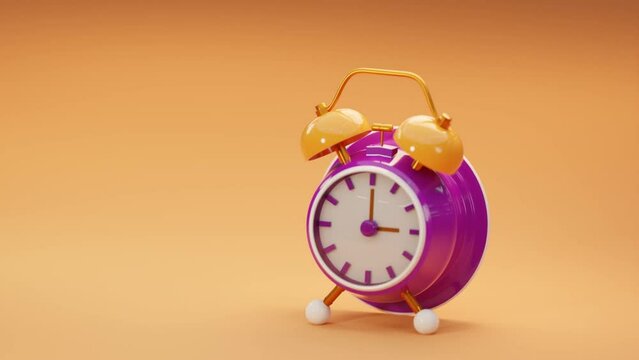 Purple vintage alarm analog clock on orange background. 3d animation