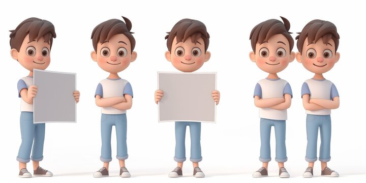 Confident Boy Cartoon Character with Blank Banners in Various Poses
