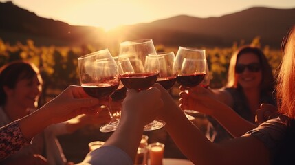 Group of friends gathering for wine tasting in countryside vineyard in summer harvesting season...