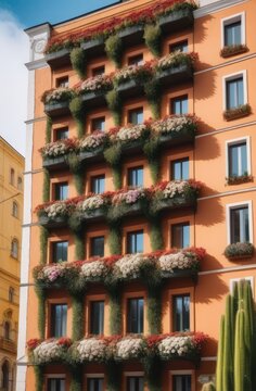 facade of a building. Photograph of russian five-storey building made of flowers, succulents, minimalist composition. Travel concept.