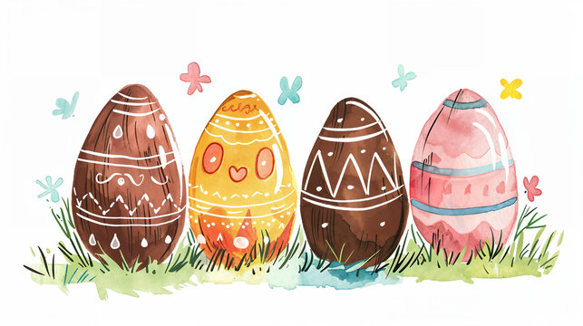 Four colorful Easter eggs in a watercolor illustration, with a playful and whimsical style.