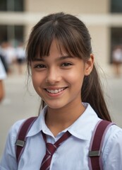 A spanish girl wearing a school uniform with backpack