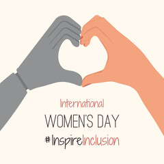 IWD design with white Prosthesis hands show Heart Shape Card. Minimalist International Women s Day 2024 Posters with slogan InspireInclusion. arms greeting card social campaign Inspire inclusion