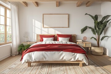Cozy Scandinavian style bedroom with natural light and red accents - obrazy, fototapety, plakaty