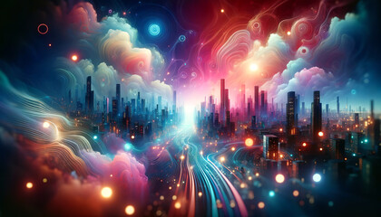 Fototapeta premium A swirling, vibrant cityscape with dynamic cloud formations and colorful lighting effects, AI generated.