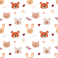 Cute bohemian baby seamless pattern with cute animals, koala, cat, rabbit, bear in boho style in warm pastel colors