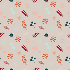Cute bohemian baby seamless pattern with twigs, leaves, herbs, plants in boho style