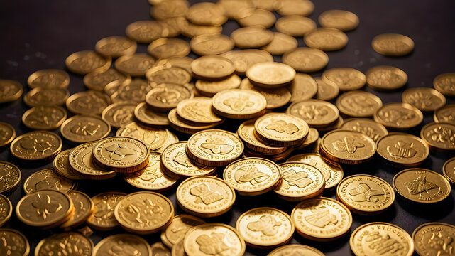 Pile of gold coins with shallow depth of field. Toned.