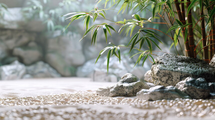 The art of Zen garden, close-up of bamboo within a serene Japanese garden, complemented by rocks and white sand