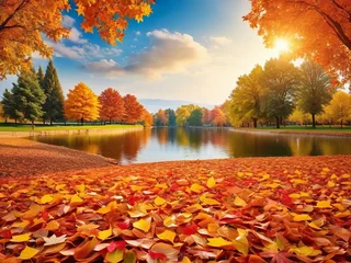 Gartenposter World here Beautiful autumn landscape with. Colorful foliage in the park. Falling leaves natural background © Alexandr