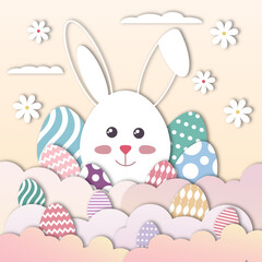  isolated vector cute smiling muzzle of white easter rabbit paper cut style