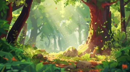 A whimsical cartoon depiction of a forest in summer featuring lush green foliage and warm earthy tones that capture the vibrant energy of nature during this sunny season