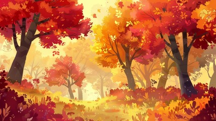An enchanting cartoon scene of a forest in autumn with trees ablaze in fiery hues of red orange and gold set against a backdrop of soft earthy tones that convey the cozy atmosphere of fall