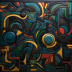 The multicolored abstract painting is made of leather, in the style of stained glass effect, curvilinear shapes, recycled material murals, dark gray and dark emerald, puzzle-like pieces, 1:1.