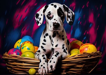 little dalmatian puppy is painted over easter eggs