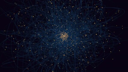 An abstract circular pattern formed by lines and dots, some connected and others scattered. A visually intriguing composition of geometry and randomness