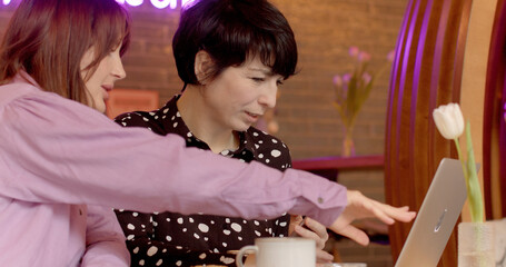 Young woman provides private consultations on computer literacy for middle adults, meetings at coworking space. Improving digital skills. Exchanging ideas and building network of professional contacts