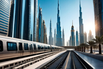 Railway of Dubai subway view at glass skyscrapers in business district, urban backdrop. Wallpaper of metropolitan city metro in desert arabic country. Public transportation concept. Copy ad text space